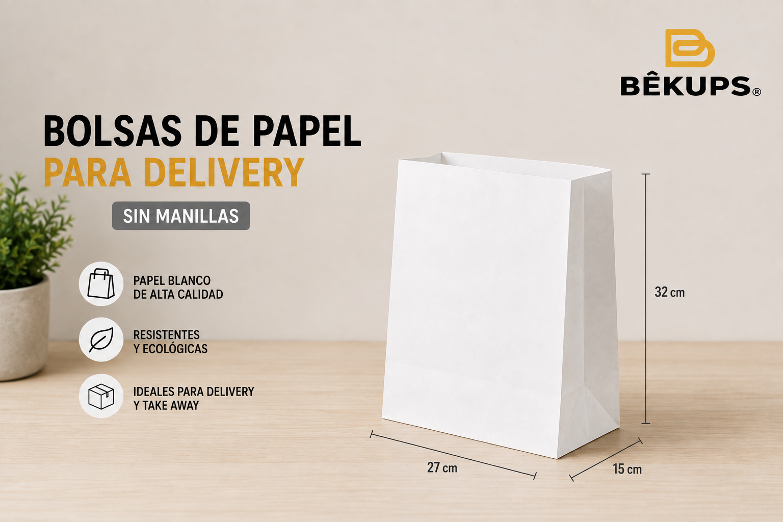 Bolsa de Papel para Delivery Blanca 32x27x15 cm (mediana)
